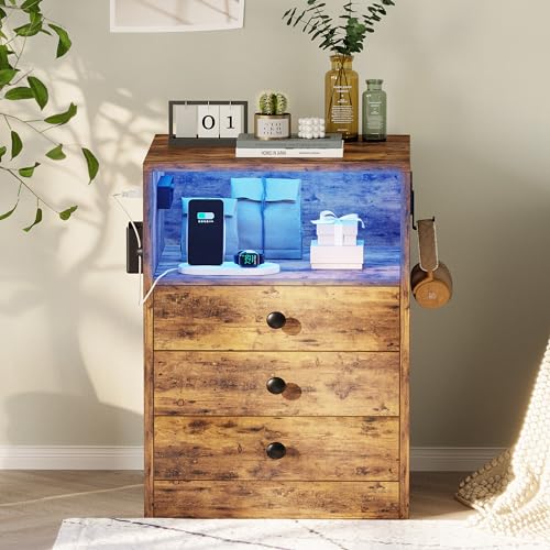 LIKIMIO Nightstand with Charging Station and 3 Drawers, LED Lights End Side Table with Interchangeable sockets and Hooks, Vintage Brown - WoodArtSupply