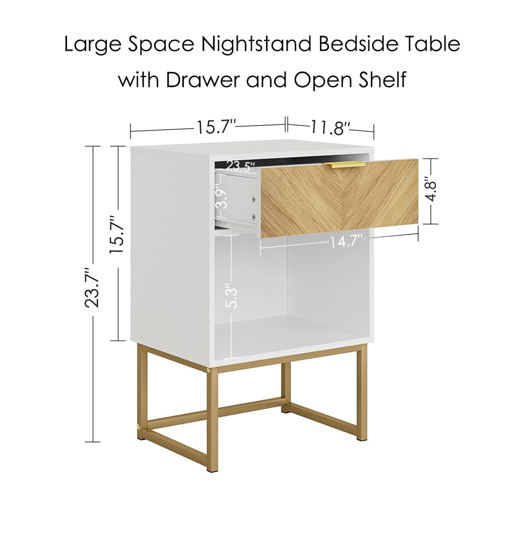 Masupu Nightstand,Modern Night Stand Boho Farmhouse Wood Bedside Table with Storage Drawer Side End Table for Bedroom,Living Room,Office,White Masupu