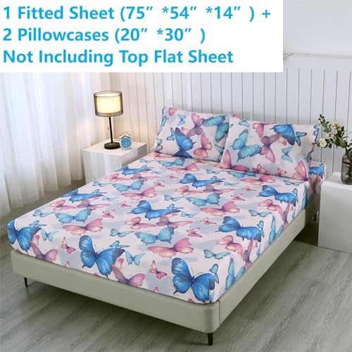 SDIII Colorful Butterfly Full Fitted Sheet with 2 Pillowcases, Not Including Flat Sheet, Soft Microfiber Deep Pocket Butterfly Bed Sheets Full Girls SDIII