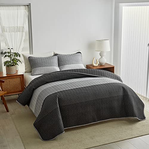 Flysheep Boho Striped Quilt Set Full Queen Size, 3 Pcs Grey and White Reversible Bedspread, Brushed Microfiber Coverlet for All Season, 1 Quilt + 2 Pillow Shams Flysheep