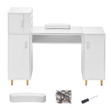 VEVOR Manicure Table, Glass Top Desk Makeup Dressing Station with Storage Cabinets, Acetone-Resistant Nail Tech Table for Spa Beauty Salon Workstation with Wrist Rest, 8 Metal Legs, White VEVOR