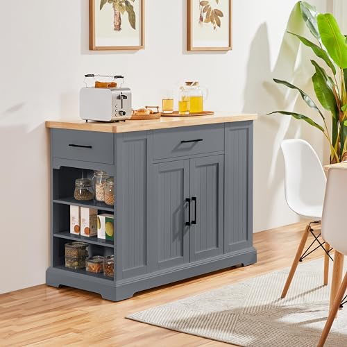 Yaheetech Rolling Kitchen Island with Thicker Rubberwood Countertop, Kitchen Cart on Hidden Wheels with 3 Drawers & Open Shelves, Storage Cabinet w/Inner Adjustable Shelves for Dining Room, Dark Gray Yaheetech