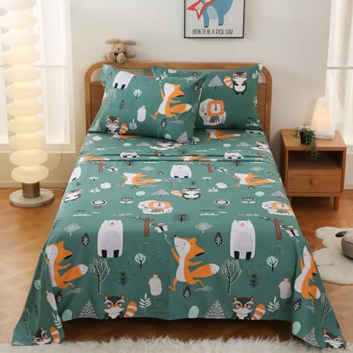 JSD Green Forest Animals Kids Sheet Set Twin Size, 3 Piece Woodland Printed Microfiber Bed Sheets Deep Pocket JSD