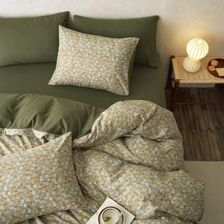 Wake In Cloud - Floral Comforter Set with Sheets, Cute Vintage Flower Cottagecore Aesthetic for Women Teen Girls, 5 Pieces Bed in a Bag, Olive Green, Twin Size Wake In Cloud