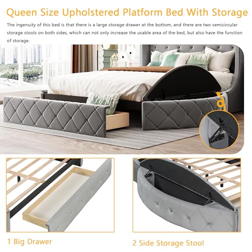 Bellemave Velvet Upholstered Queen Platform Bed with Storage, Queen Size Bed Frame with Headboard, 1 Big Drawer and 2 Side Storage Stool, Strong Wooden Slats/Easy Assembly (Grey) Bellemave