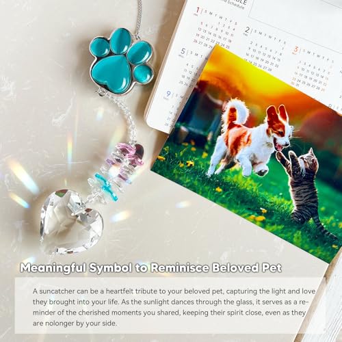 Pet Memorial Suncatcher - Dog Memorial Gifts, Pet Loss Sympathy, Thoughtful Dogs and Cats Bereavement Remembrance Gifts, Natural Cat's Eye Paw Crystal Suncatcher(Peacock Blue)
