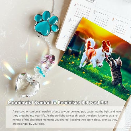 Pet Memorial Suncatcher - Dog Memorial Gifts, Pet Loss Sympathy, Thoughtful Dogs and Cats Bereavement Remembrance Gifts, Natural Cat's Eye Paw Crystal Suncatcher(Peacock Blue) AMETHUARTZ