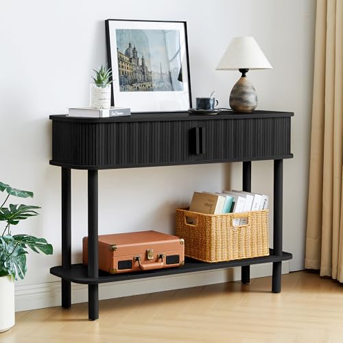 RARZOE Console Table with Storage, Fluted Entryway Table with Sliding Door&Open Shelf, Sofa Table Behind Couch, Mid-Century Modern Accent Table for Hallway, Entrance, Foyer, Fully Assembled(Black) RARZOE