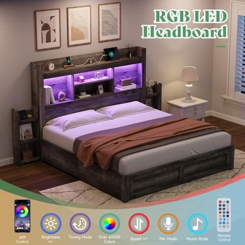 AMERLIFE Queen Bed Frame with 4 Storage Drawers, LED Bed Frame with 49“ Tall Bookcase Headboard, Wood Platform Bed with Charging Station & 2 Slide Bedside Shelf, No Box Spring Needed/Rustic Grey AMERLIFE