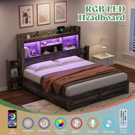 AMERLIFE Queen Bed Frame with 4 Storage Drawers, LED Bed Frame with 49“ Tall Bookcase Headboard, Wood Platform Bed with Charging Station & 2 Slide Bedside Shelf, No Box Spring Needed/Rustic Grey AMERLIFE