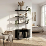 Tall Vinyl Record Player Stand, 4 Tier Arched Bookshelf with Sliding Doors, Retro Small Record Storage Cabinet, Fluted Media Display Shelf, Mid Century Modern Turntable Stand for Living Room, Black Quelthar