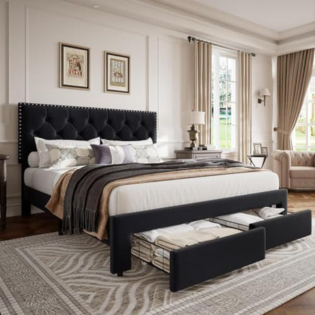 GarveeHome King Size Bed Frame with 2 Storage Drawers, Vintage Velvet Headboard Bedframe with upholstered Platform, Wooden Slat Support, Noise Free, No Box Spring Needed, Black GarveeHome