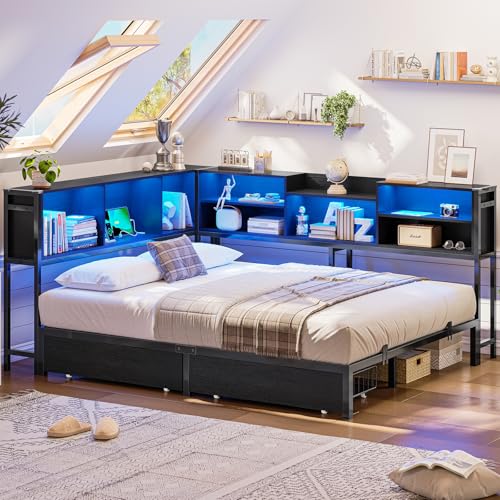 Hasuit Corner Bed Frame Full with 2 Drawers and Storage Bookcase, Daybed with Charging Station and LED Lights, Metal Platform Bed with Bookshleves, Full Size Bed Frame for Kids Teens Guests, Black Hasuit