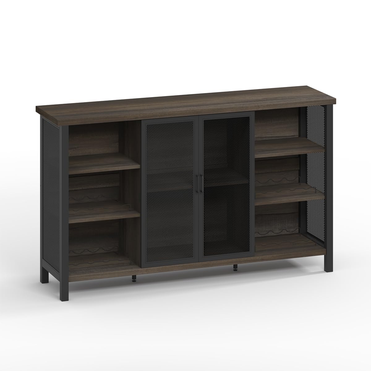 FATORRI Wine Bar Cabinet for Liquor and Glasses, Industrial Coffee Bar Cabinet, Farmhouse Sideboard and Buffet Cabinets with Storage, Wood and Metal Wine Rack (55 Inch, Walnut Brown) FATORRI