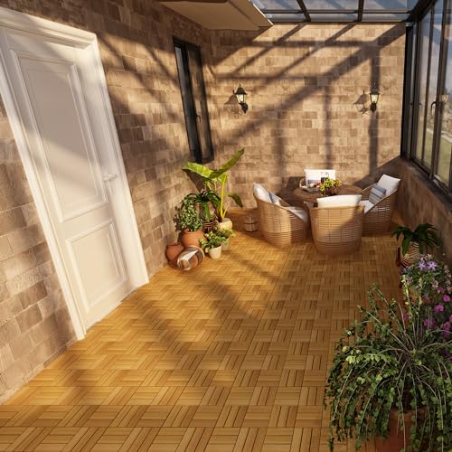 PrimeZone 54 PCS Solid Acacia Wood Interlocking Patio Deck Tiles - 12" x 12" Indoor Outdoor Waterproof Flooring Tiles for Balcony, Backyard, Garden & Poolside, All Weather Use, Natural Wood, Checker PrimeZone