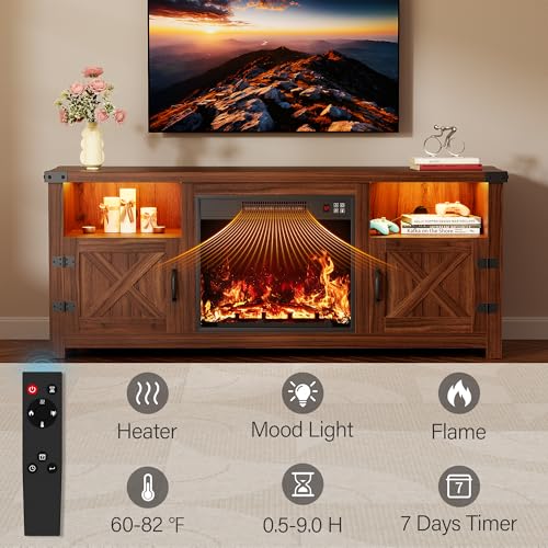 YESHOMY LED Fireplace TV Stand with Mood Lighting, TV Cabinet with Open Shelf, Farmhouse Media Console with Hidden Cable Routing, Entertainment Center for Televisions up to 65+ Inch, Walnut YESHOMY