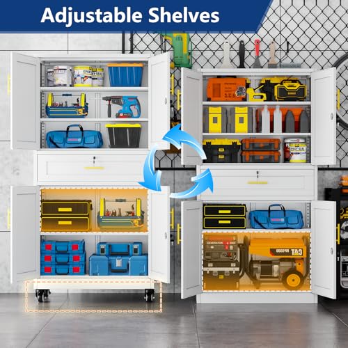 Ckzbx Metal Garage Storage Cabinets with Locking Doors and Adjustable Shelves, Tool Cabinets on Wheels, 75" H Heavy Duty Storage Organizers with Drawer for Garage Warehouse (White) Ckzbx