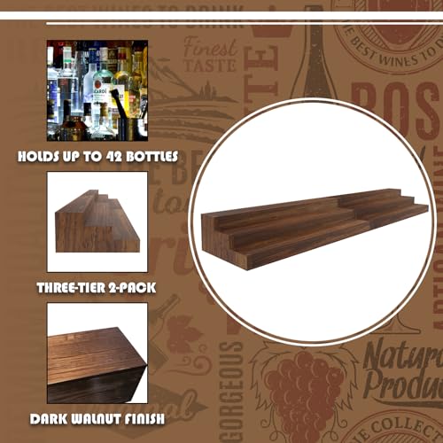 tongmo 2 Pack Liquor Bottle Stand - 3 Tier Liquor Bar Bottle Display Shelf, Holds 42 Bottles, Real Wood, Easy to Clean, No Installation Required - 30 Inch Each (Dark Walnut) tongmo