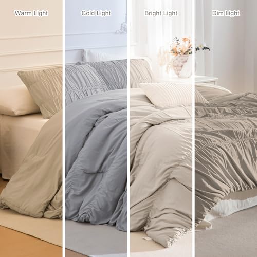 Masaca Oversized King Comforter 128x120,Linen Like Textured Ruched Shabby Boho Chic Bedding Comforter Set,3Pcs Extra Large King Size Ruffle Luxury Fluffy Bedroom Comforter Sets Lightweight Masaca