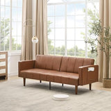 Garvee Modern Futon Sofa Bed, Convertible 75" Sleeper with Adjustable Backrest & Side Pockets, Mid-Century Brown PU Leather Garvee