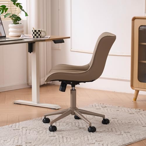 YOUTASTE All Khaki Office Chair, Modern Armless Desk Chair with Back, Adjustable Swivel Rolling Faux Leather Task Chair with Wheels Metal Base for Home Office, Study, or Vanity YOUTASTE