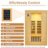 Garvee 2024 Upgrade 2 Person Sauna, 6 Heating Plate Infrared Physical Therapy Wooden Dry Steam Sauna, Low EMF, MP3 Auxiliary Connection, Dual Controls Inside and Outside Fits, Home Spa Day Use Garvee