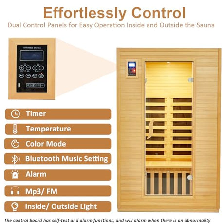 Garvee 2024 Upgrade 2 Person Sauna, 6 Heating Plate Infrared Physical Therapy Wooden Dry Steam Sauna, Low EMF, MP3 Auxiliary Connection, Dual Controls Inside and Outside Fits, Home Spa Day Use Garvee