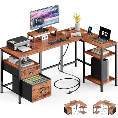 Furologee L Shaped Computer Desk with Power Outlet, Reversible Home Office Desk for Work Study, 50 Inch Corner Gaming Table with File Drawer, Monitor Stand, Storage Shelves, Rustic Brown Furologee