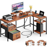 Furologee L Shaped Computer Desk with Power Outlet, Reversible Home Office Desk for Work Study, 50 Inch Corner Gaming Table with File Drawer, Monitor Stand, Storage Shelves, Rustic Brown Furologee