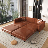 LuxyHoom 92.1'' Pull Out Sofa Bed King, Faux Leather Futon Couch, 3-in-1 Convertible Sleeper Sofa with Tufted Back, Gold Furniture Legs, Deep Loveseat for Living Room, Apartment, Office, Light Brown LuxyHoom