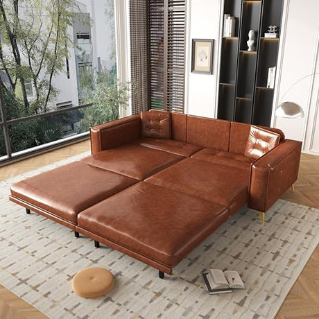 LuxyHoom 92.1'' Pull Out Sofa Bed King, Faux Leather Futon Couch, 3-in-1 Convertible Sleeper Sofa with Tufted Back, Gold Furniture Legs, Deep Loveseat for Living Room, Apartment, Office, Light Brown LuxyHoom