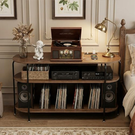 Faesun Large Record Player Stand with Vinyl Record Storage & Power Outlets, Holds 200+ Albums, 3-Tier Turntable Stand for Living Room & Bedroom, Mid Century Round Shelf Design,Walnut Faesun