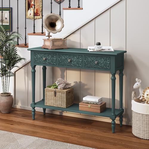 3More Entryway Console Table with 3 Drawers,42" Carved Hallway Table with Open Shelf,Long Sofa Table for Living Room, Hallway, Behind Couch,Green 3More