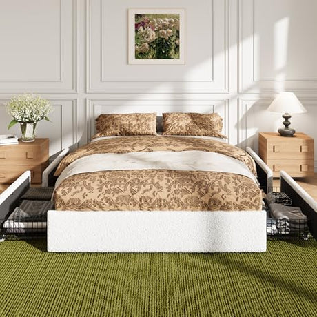 Allewie Full Size Bed Frame with 4 Oversized Storage Drawers, Soft Teddy Fabric, Boucle Upholstered Platform Bed, Wooden Slats Support, Noise-Free, No Box Spring Needed, Easy Assembly, White Allewie