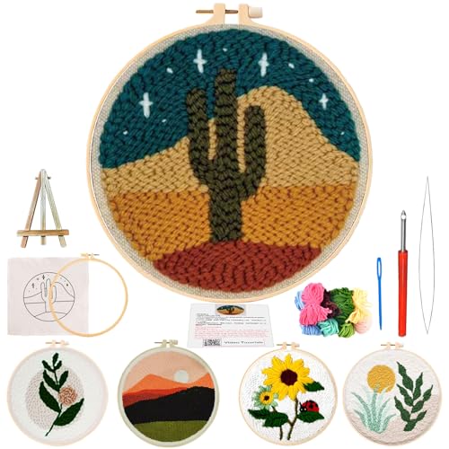 PYHIRRY Punch Needle Kits Adults Beginner Cactus，with Tool, Hoop, Yarn, Fabric & Video Tutorials -Complete Punch Needle kit for Home Decor Craft for Wall Art & Gifts