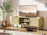SUPERJARE Boho TV Stand for 55 Inch TV, Entertainment Center with Adjustable Shelf, Rattan TV Console with 2 Cabinets, Media Console, Solid Wood Feet, 4 Cord Holes, for Living Room - Natural SUPERJARE