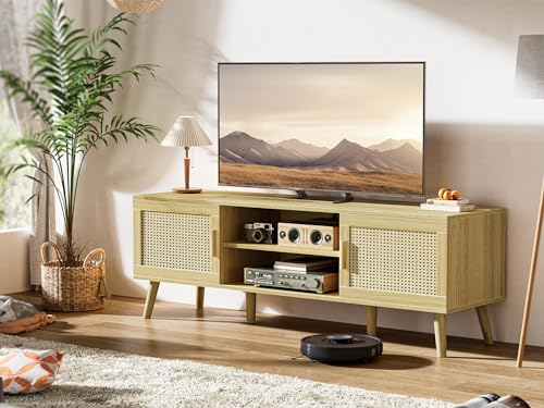 SUPERJARE Boho TV Stand for 55 Inch TV, Entertainment Center with Adjustable Shelf, Rattan TV Console with 2 Cabinets, Media Console, Solid Wood Feet, 4 Cord Holes, for Living Room - Natural - WoodArtSupply