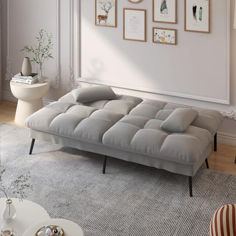 COMHOMA Convertible Futon Sofa Bed, 72″Fabric Futons Couch with Adjustable Backrest, Folding Sleeper Recliner for Living Room Furniture (Grey) COMHOMA