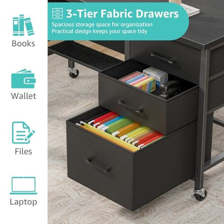 Rolling Teacher Desk with File Drawer & Privacy Panel, 47" Mobile Computer Desk with 3 Storage Drawers on Wheels, Modern Office Desks with File Cabinet for Classroom & Home Office, Black WINAZ