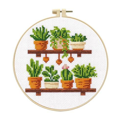 Zhenqing Wooden Plant Shelf Cross Stitch Kit for Beginners, 11CT Printed 24x24cm with Hoop, 6 Potted Succulent Embroidery Set (70978)