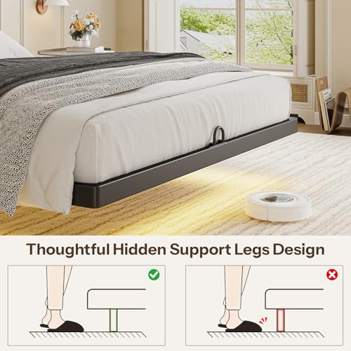 kozfrn Floating Bed Frame Full Size with Storage Headboard,Modern Metal Platform with Smart LED Lights and Charging Station,Metal Slat Support,No Box Spring,Easy Assembly,Noise-Free,Black kozfrn