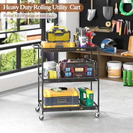 3 Tier Rolling Utility Kitchen Cart, Heavy Duty Wire Rolling Cart on Wheels, Commercial Metal Serving Carts with Handle, Kitchen Island Plant Shelf Food Storage Trolley for Laundry, Office, Garage ThreeHio