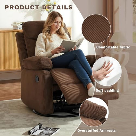 GAOHAPY Rocking Recliner Chair,Modern Swivel Glider Recliner Chair,Corduroy Fabric Upholstery Recliner,Manual Reclining Sofa Chair for Living Room,Office,Apartment (Brown) GAOHAPY