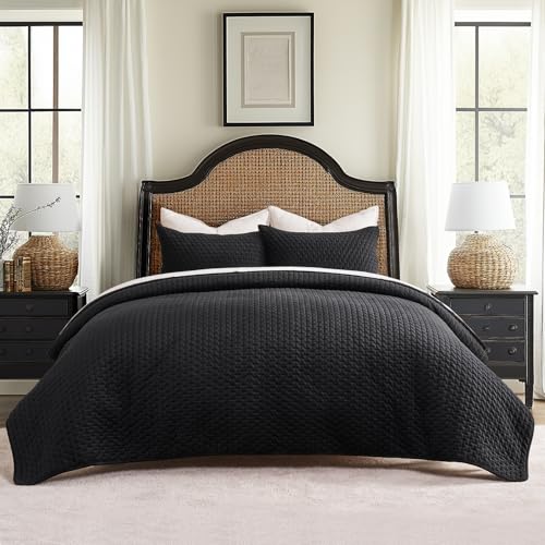 EverGrace Luxury Velvet Quilt Bedding Set King Size 3 Pieces with Pillow Shams, Soft Cross-Stitch Velvet Comforter Set, Lightweight Coverlet Bedspread for All Seasons, Black EverGrace