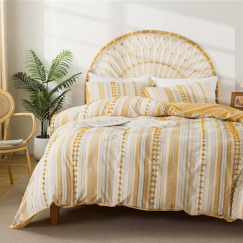 Washed Cotton Twin Size Duvet Cover Set - Tufted Dots Boho Chic Bedding for All Seasons, Striped Bohemain Bedding Linen Like Textured Breathable Durable Soft Comfy (Yellow, 66''x90'') La Sheer