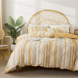 La Sheer Washed Cotton Queen Size Duvet Cover Set - Tufted Dots Boho Chic Bedding for All Seasons, Striped Pom Pom Bedding Linen Like Textured Breathable Durable Soft Comfy (Yellow, 90x90'') La Sheer