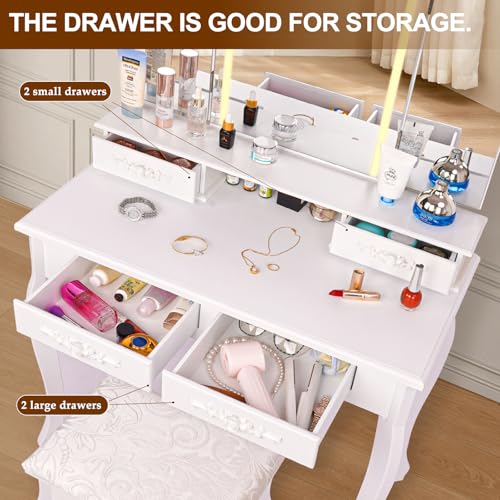 HVCBOSS 3-in-1 Makeup Vanity Desk with Tri-Fold LED Mirror, Charging Station (2 AC + 2 USB), 4 Drawers + Open Shelf, Small Vanity Table with Stool for Bedroom/Dorm HVCBOSS