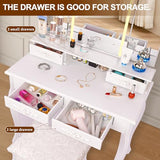 HVCBOSS 3-in-1 Makeup Vanity Desk with Tri-Fold LED Mirror, Charging Station (2 AC + 2 USB), 4 Drawers + Open Shelf, Small Vanity Table with Stool for Bedroom/Dorm HVCBOSS