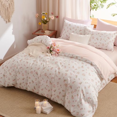 Erwinmu Floral Comforter Set Twin Size - 2 Pieces Pink White Floral Comforter Bedding Sets Reversible Pattern,Twin Bed in a Bag with Flowers Comforter and 1 Pillowcase Erwinmu