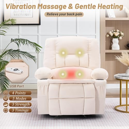 Rocker Recliner Chair with Massage and Heat, Nursery Rocking Chairs for Living Room, Recliner Chair for Adults, Ergonomic Comfy Relining Chair with Cup Holders, USB Charge Port, Side Pockets, Beige